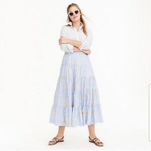 J. Crew Striped Blue Midi Skirt with Yellow Floral Accents